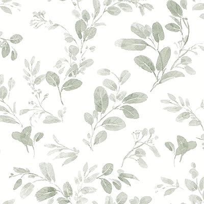 RoomMates RMK12274PL Dancing Leaves Peel and Stick Wallpaper, Green/White, 30 Sq Ft