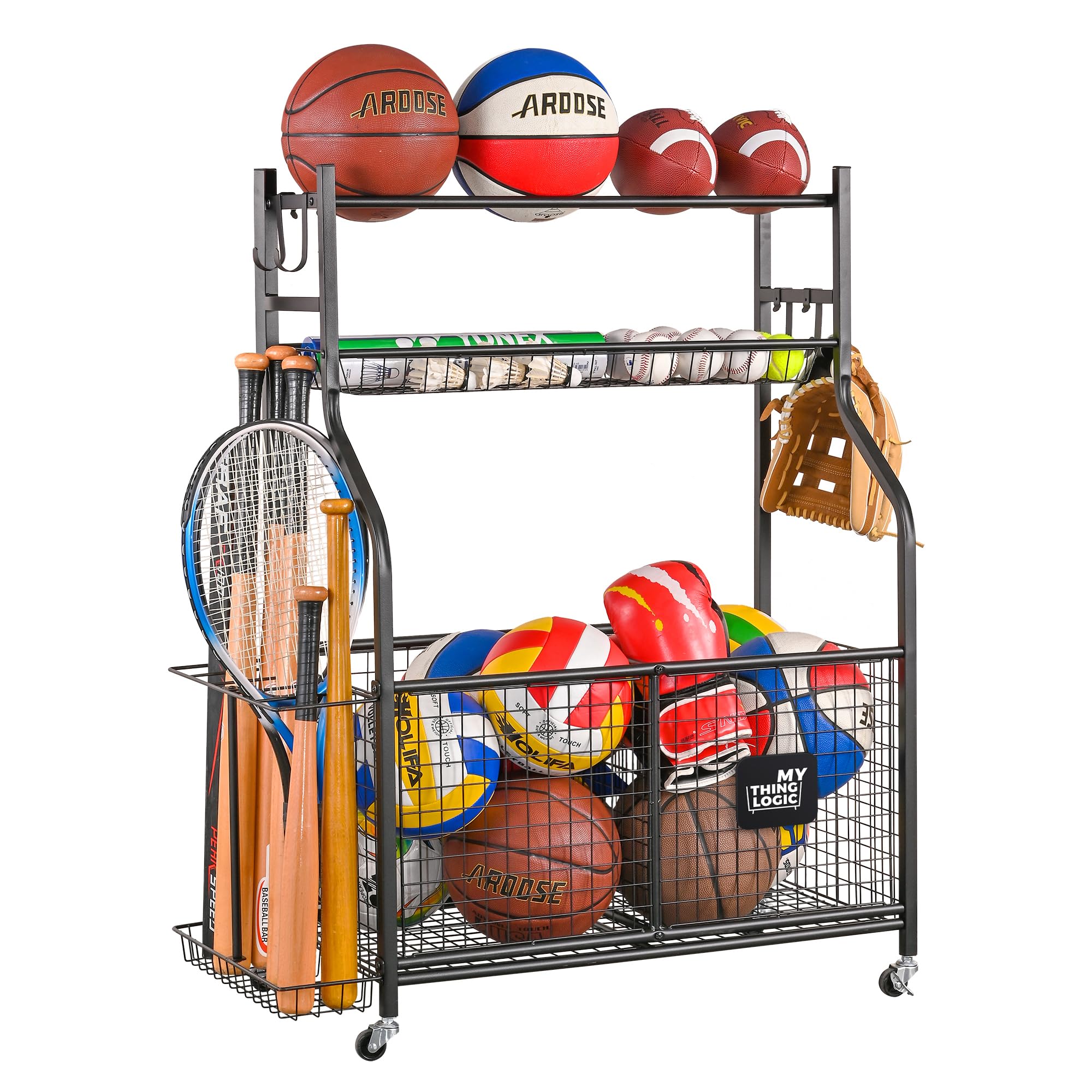 Mythinglogic Sports Equipment Garage Organizer,Garage Ball Storage for Sports Gear and Toys, Rolling Ball Cart with Wheels for Indoor/Outdoor Use