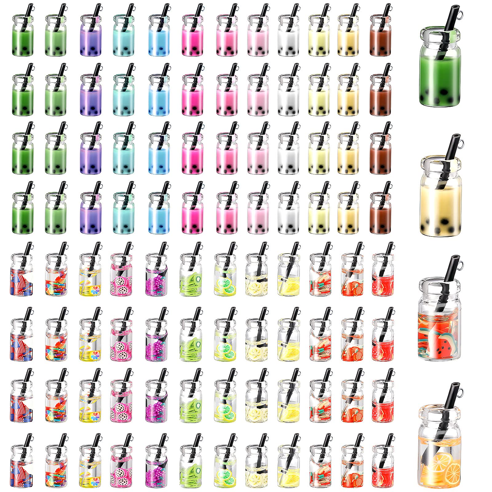 104 Pieces Milk / Boba Tea Charms, Colorful Mini Bottle Fruit Juice Pendant for DIY Jewelry Craft Earring Keychain Xmas Present, Glass, glass