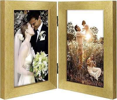 Golden State Art, 5x7 Double Picture Frame Vertical Hinged Photo Frame 2 Opening Folding Family Frames Collage, with Real Glass (5x7, Gold, 1-Pack)