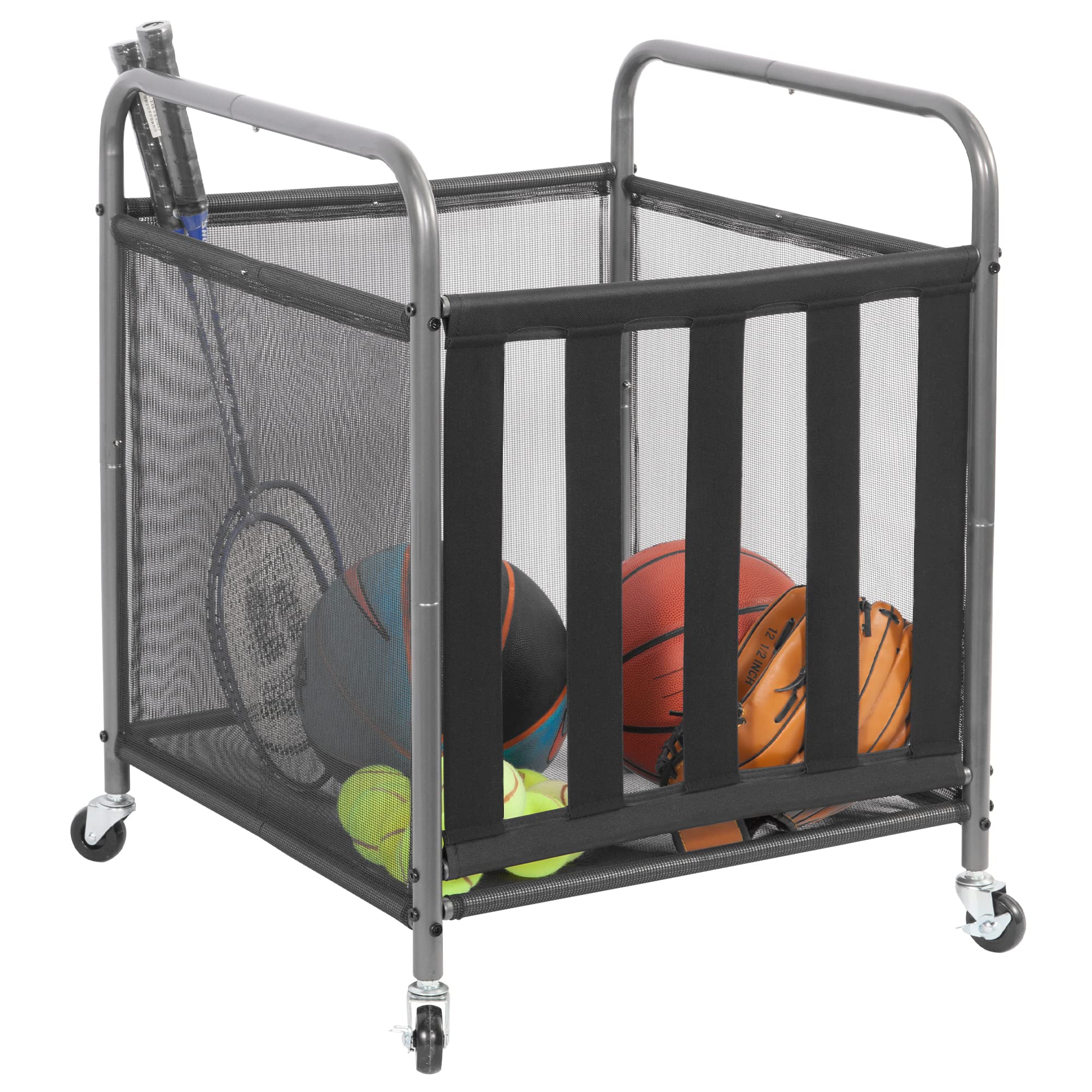 STORAGE MANIAC Ball Storage Bin Rolling Sports Ball Cart, Metal Garage Organizer Sport Rack, Ball Basket Storage, Ball Cage for Garage or Gym, Indoor & Outdoor Sports Equipment Organizer