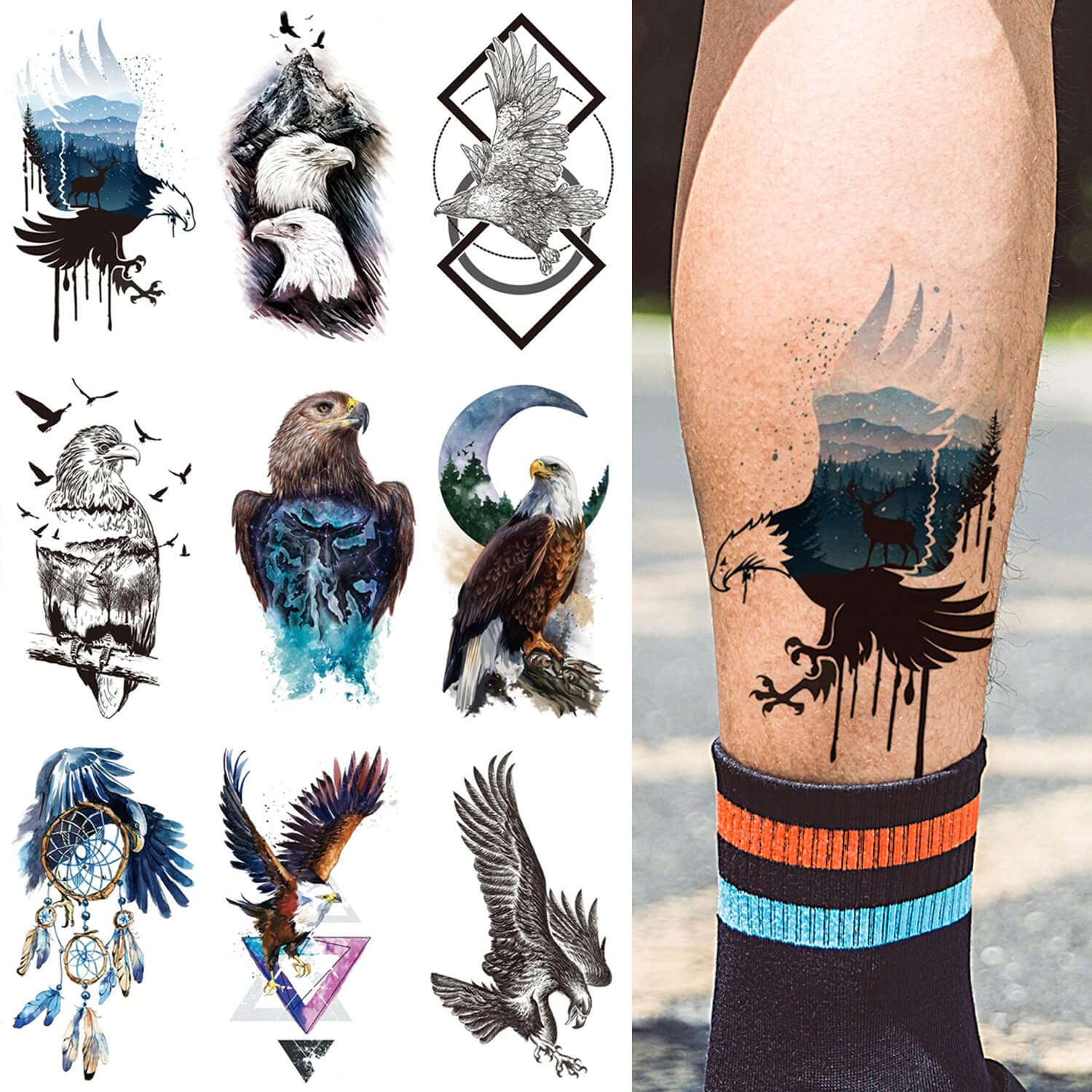 glaryyears 15 Sheets Eagles Temporary Tattoos for Women Men, Fake Tattoo Stickers Realistic Waterproof on Half Arm Shoulder Body Art Large Size Tribal Totem American Symbol