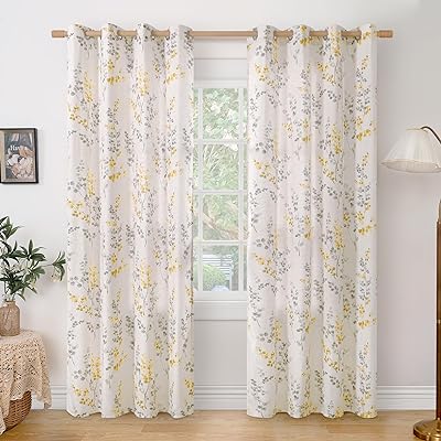 BGment Boho Linen Curtains for Living Room 84 Inch Length 2 Panels, Print Leaf Patterns, Light Filtering Privacy Window Curtains for Bedroom Farmhouse Natural Design, Each 52Inch Wide, Yellow