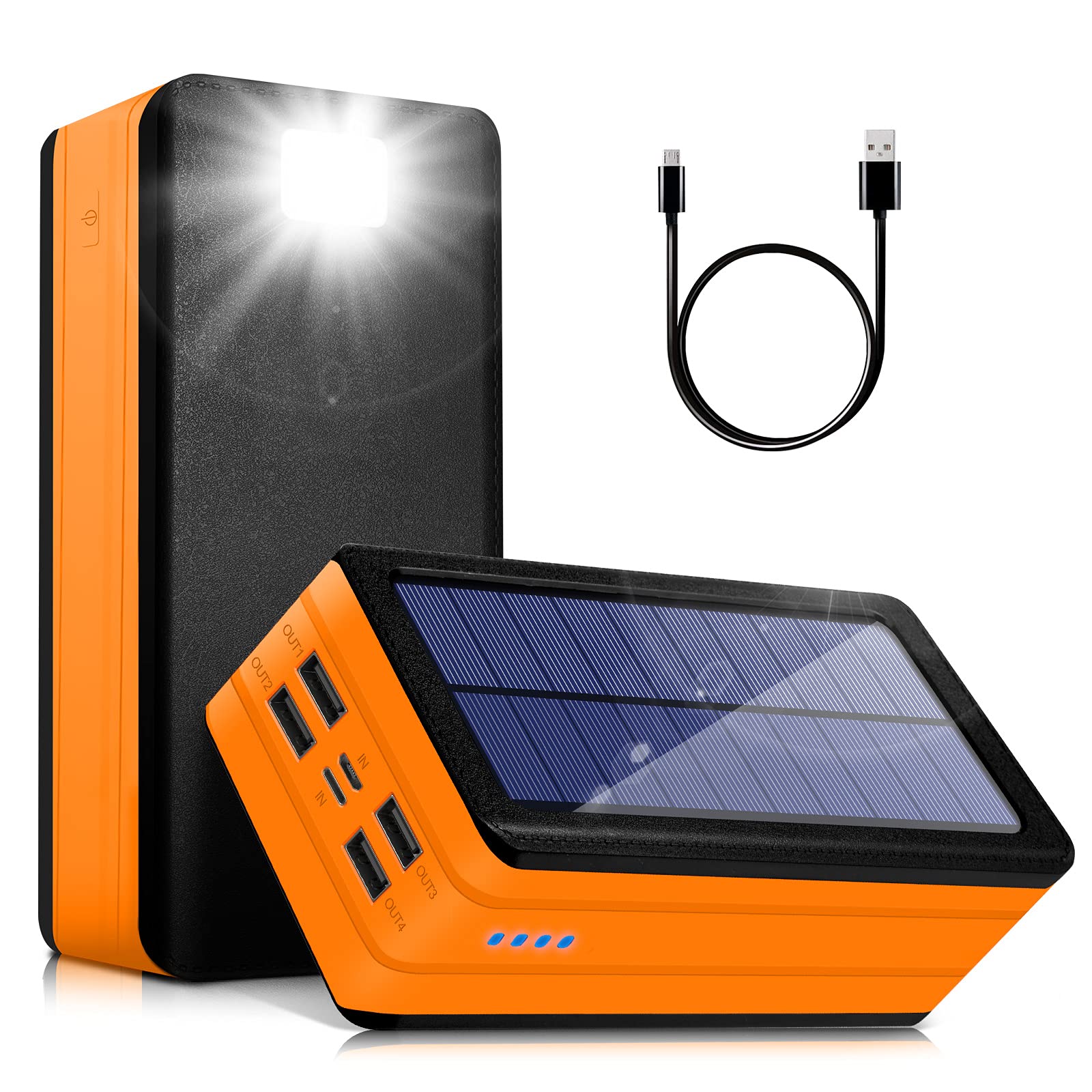 Photo 1 of Solar Power Bank 50000mAh, Portable Solar Phone Charger with Flashlight, 4 Output Ports, 2 Input Ports, Solar Battery Bank Compatible with iPhone for Camping, Hiking, Trips Orange