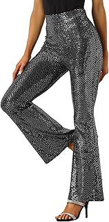 Allegra K Sequin Flare Pants for Women's Christmas High Waist Stretch 1980s Sparkle Long Bell Bottoms