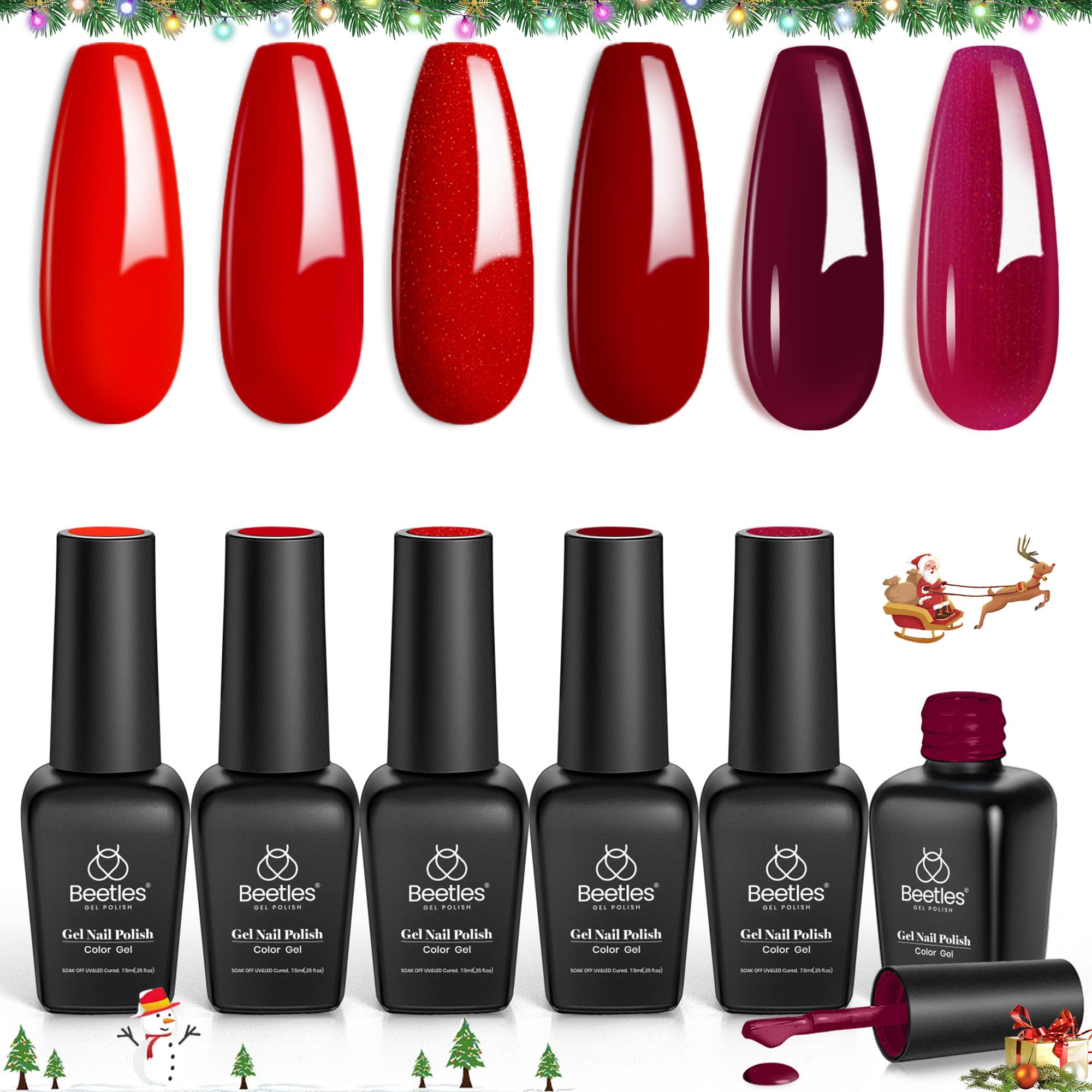 Beetles Red Gel Nail Polish Set - 6 Colors Bloody Mary Collection Popular Shimmer Red Burgundy Gel Polish Kit Nail Art Design Soak Off Uv LED Gel Nail Kit Minicure DIY Home Gifts for Mom