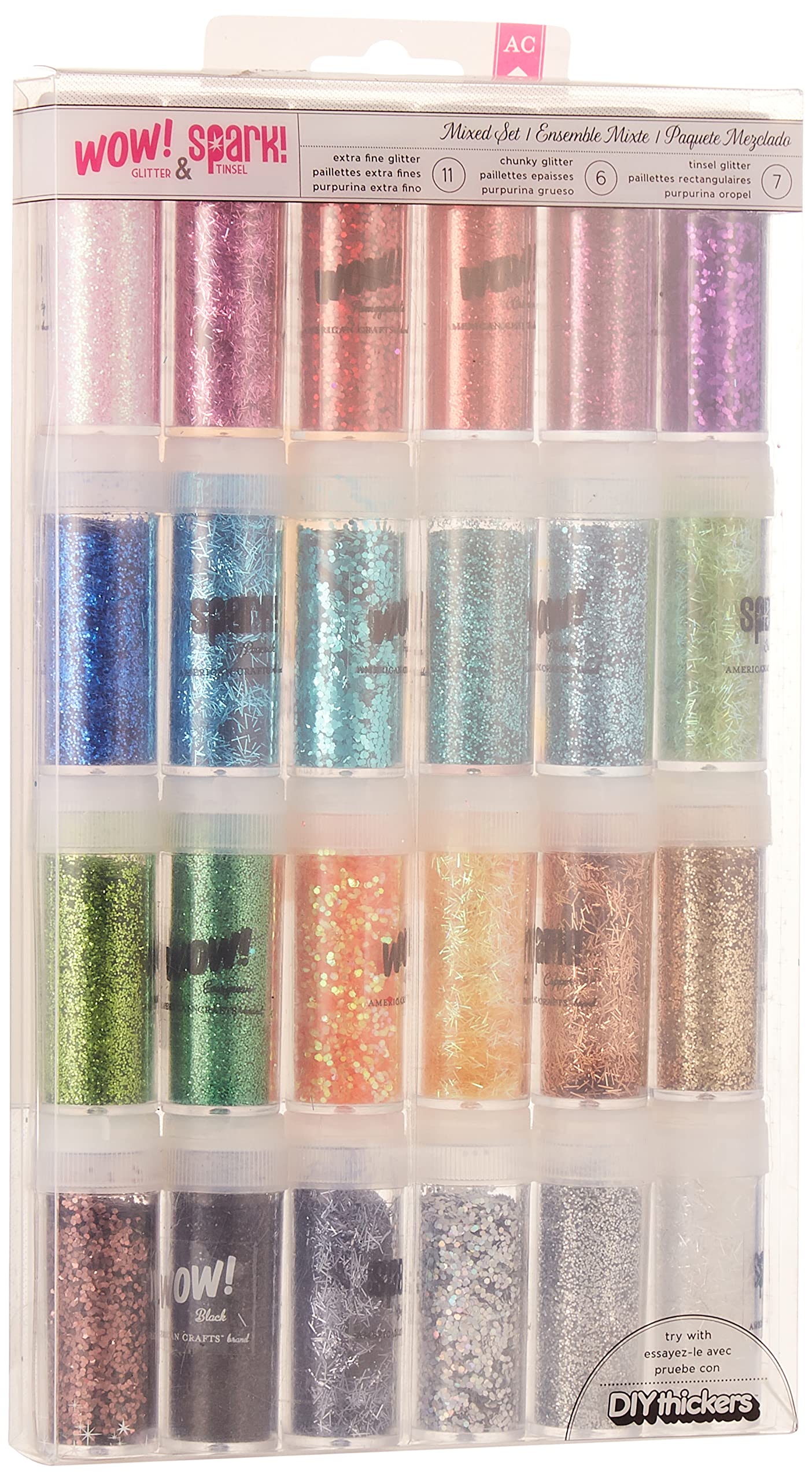 American CraftsWow! & Spark! Mixed Glitter Pack | 24-Pack Includes 11 Bottles Extra Fine Glitter, 6 Chunky And 7 Tinsel