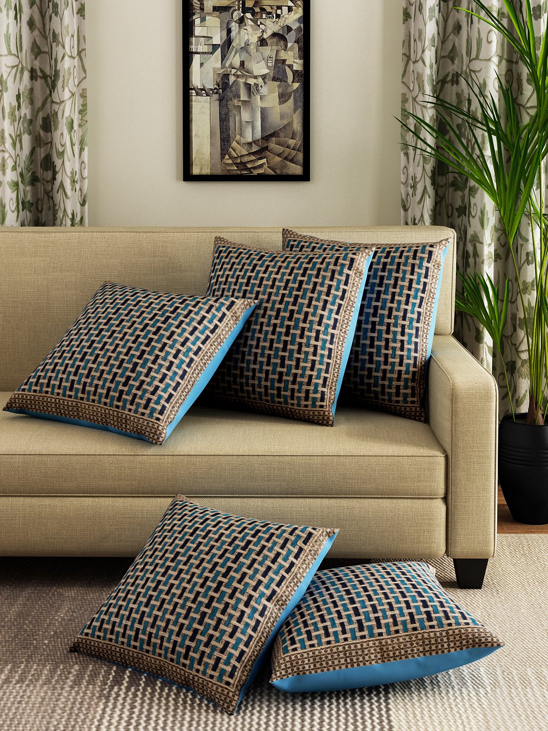 Romee Geometric 5 Piece Chenille Cushion Cover Set (16" x 16", Blue)