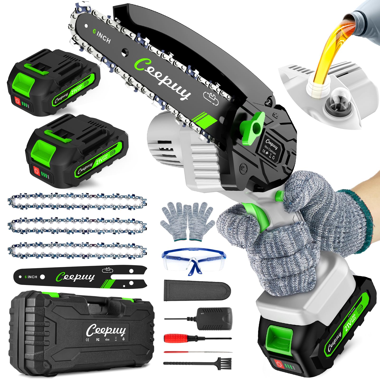 Mini Chainsaw Cordless,6 Inch Portable Electric Chain Saw w/ Automatic Oiler, Battery Powered Small Handheld Saw w/ Security Lock Trees Branches Trimming, Wood Cutting, 2 Batteries 3 Chains