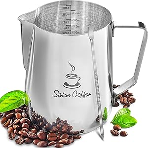 Milk Frothing Pitcher 30oz 900ml - Milk Jug 12 20 30oz - Measurements on Both Sides Inside Plus eBook - Stainless Steel Milk Frother Pitcher Espresso Cappuccino Coffee Latte Art Cup Steaming Pitcher