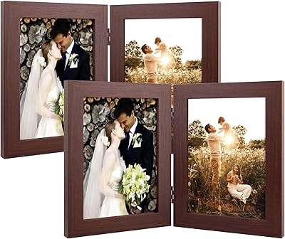 Golden State Art, 5x7 Double Picture Frame Vertical Hinged Photo Frame 2 Opening Folding Family Frames Collage, with Real Glass (5x7, Brown, 2-Pack)