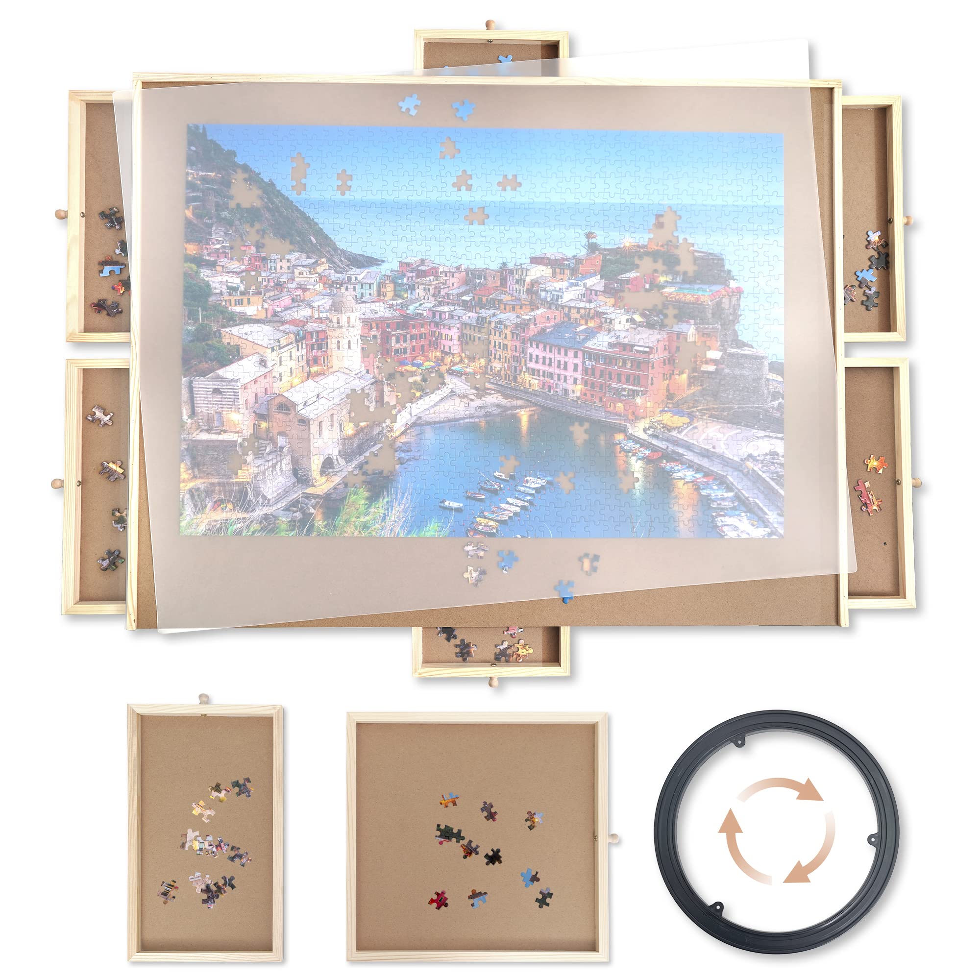 Puzzle Board, WOOD CITY 1500 Piece Wooden Jigsaw Puzzle Board with Drawers, 35â€?x 27â€? Portable Puzzle Table with Covers and Lazy Susan, Rotating Jigsaw Puzzle Table for Kids and Adults