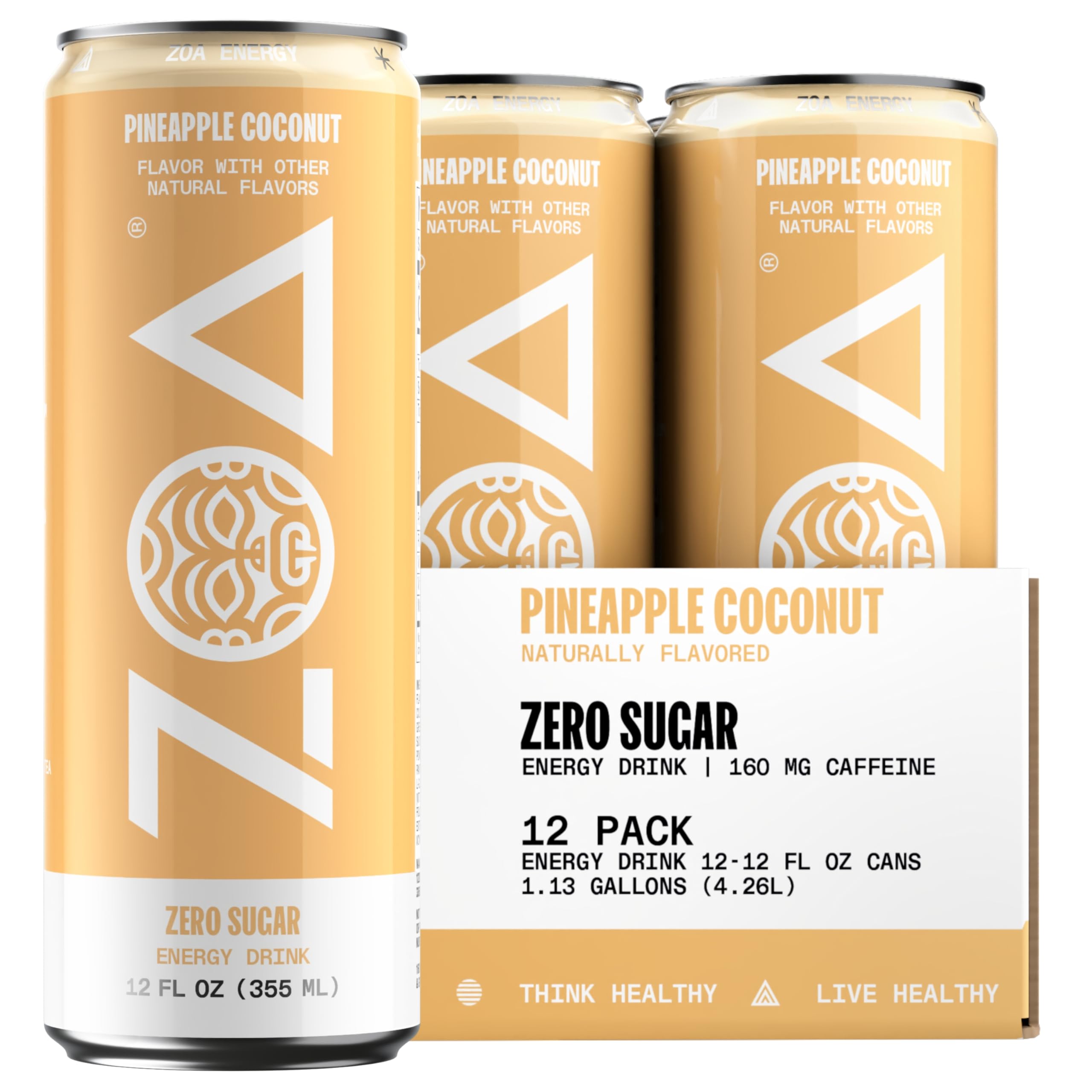 ZOA Zero Sugar Energy Drinks, Pineapple Coconut - Sugar Free with Electrolytes, Healthy Vitamin C, Amino Acids, Essential B-Vitamins, and Caffeine from Green Tea - 12 Fl Oz (12-Pack)