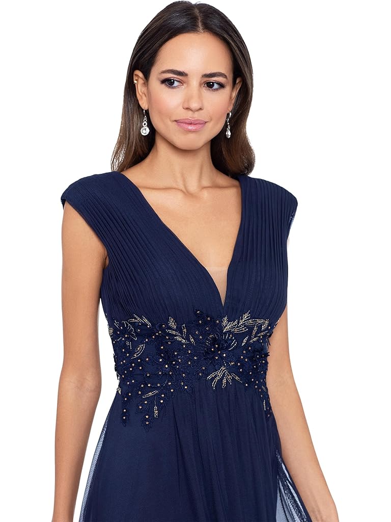 Betsy & Adam Long Chiffon Deep V Dress with Applique