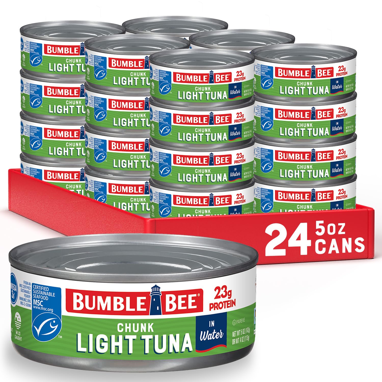 Bumble Bee Chunk Light Tuna In Water, 5 oz Cans (Pack of 24) - Wild Caught Skipjack Tuna - 23g Protein Per Serving - MSC Certified Sustainable Seafood, Non-GMO, Gluten Free, Kosher