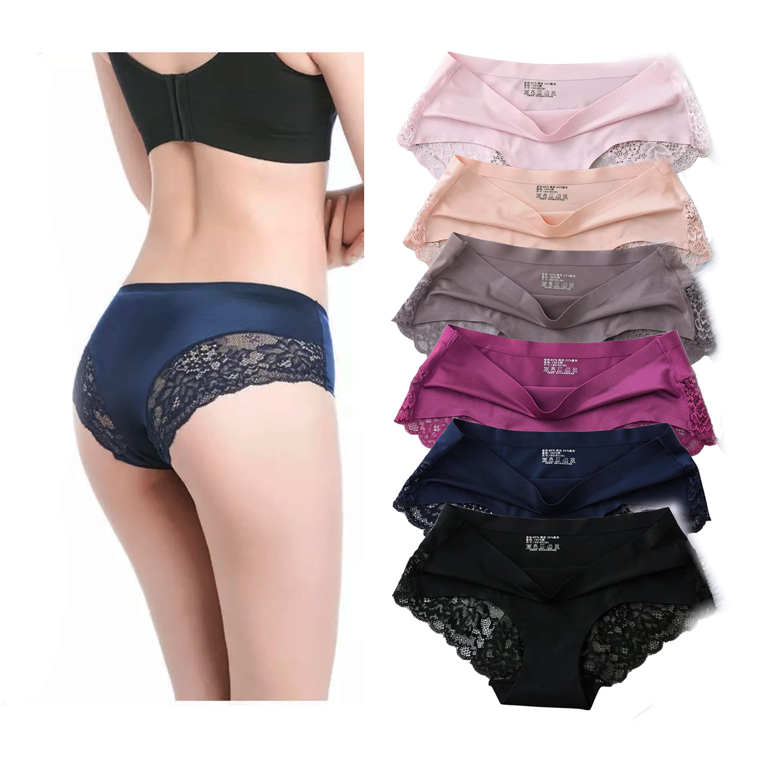 GenericWomen's Panties, Panty Set Briefs Underwear 6 PACKS Seamless Ladies Pantie Set, Lingerie with Lace Black,Magenta, Pink,Beige,Navy Blue,Coffee