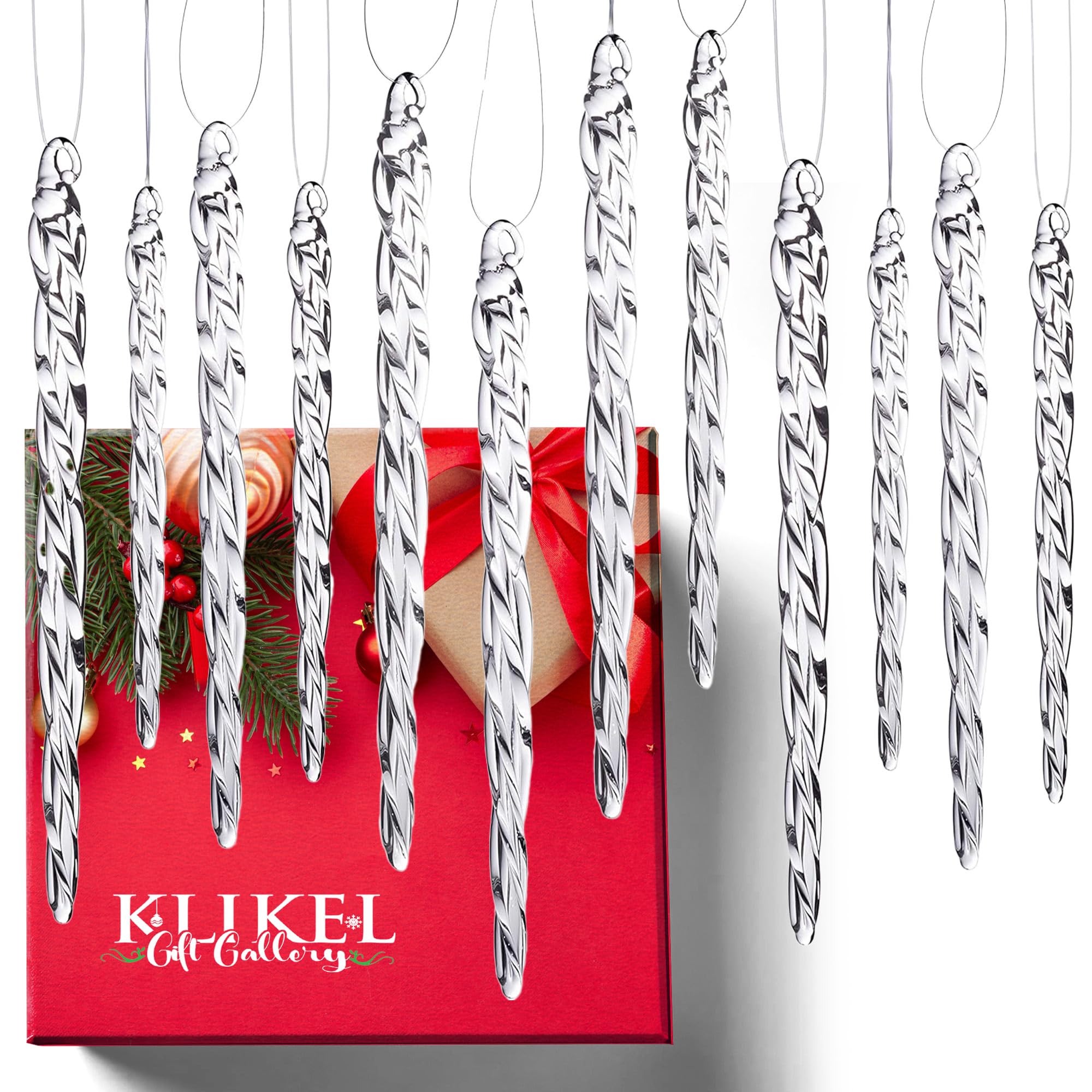 Klikel Glass Icicle Ornaments - Winter Decorations for Christmas Tree - Total 36 Hanging Ornaments - 18 4" and 18 6"