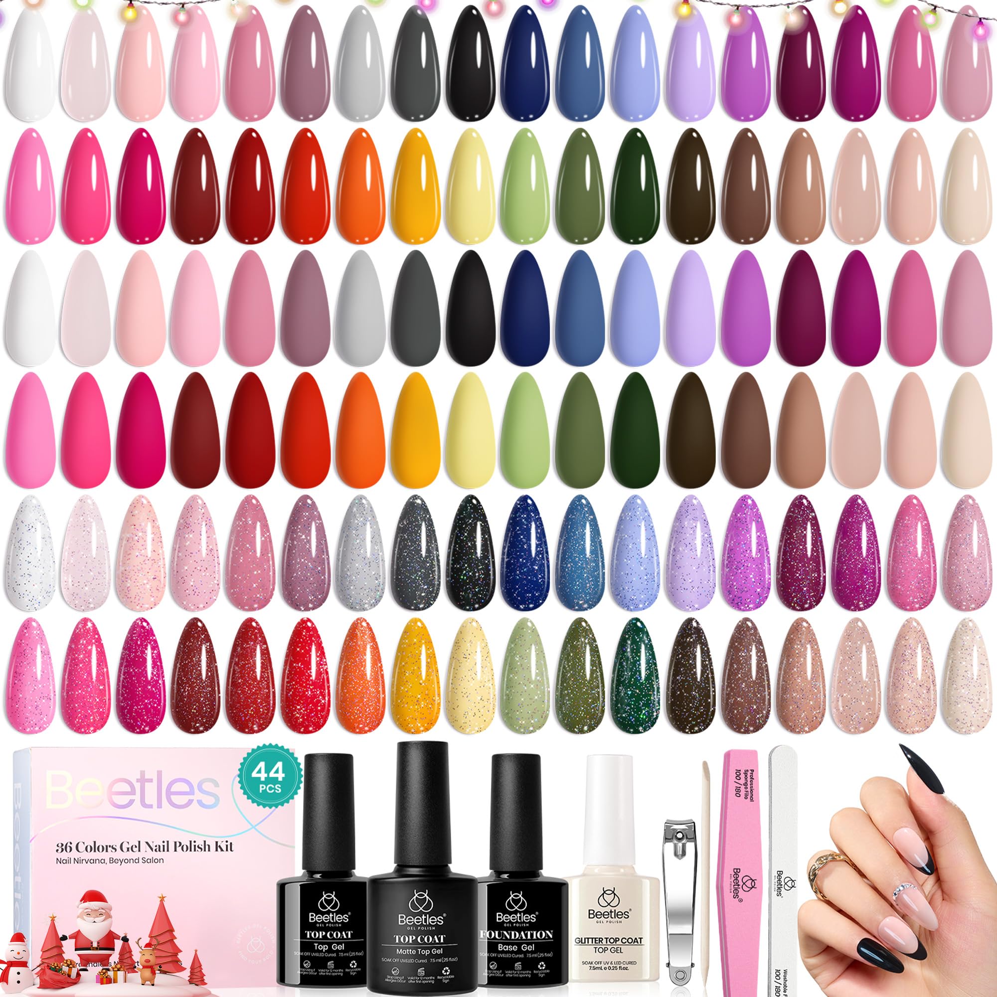 beetles Gel Polish44 PCS Gel Nail Polish Set-36 Colors Gel Polish Set Base Coat Glossy Matte & Glitter Top Coat Colorful Muse Collection Nude White Pink Red Blue Gel Gifts for Women