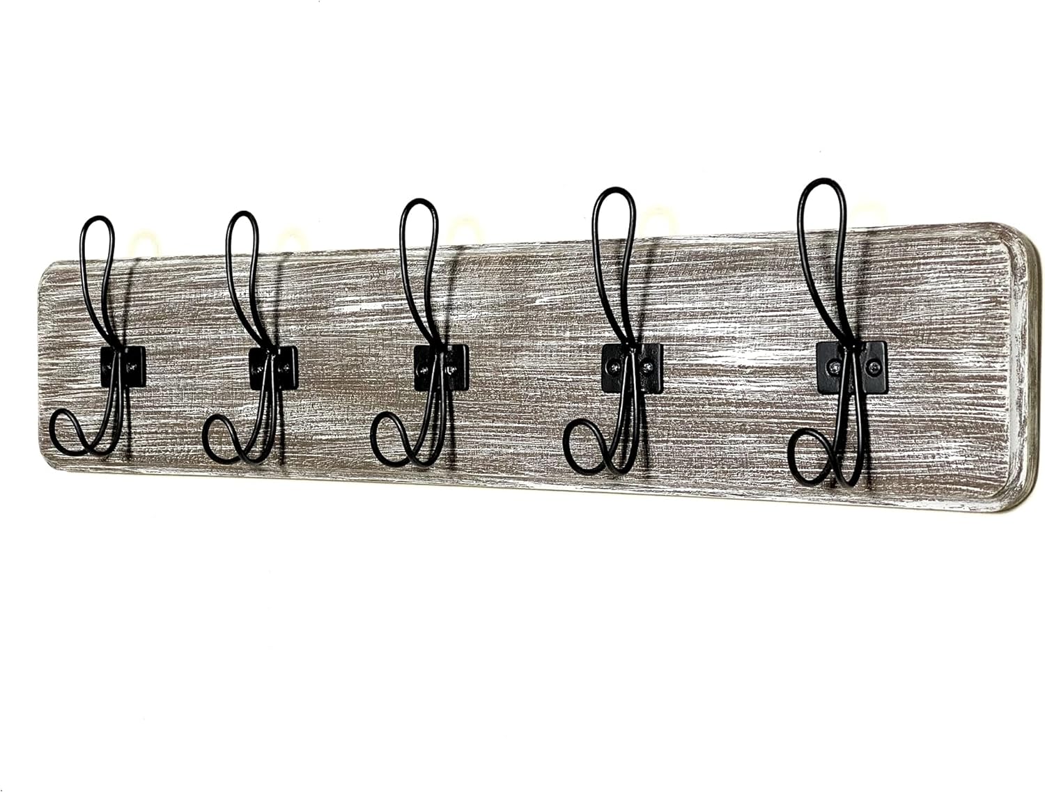 WRIGHTMART Wooden Coat Hanger Wall Mount Rack, 5 Hanger Hooks, 24” for Entryway, Kitchen, Bedroom, Bathroom, Decorative Rustic Farmhouse Design (Grey Whitewash, Black Hooks). Weathered White Wash Black Hook