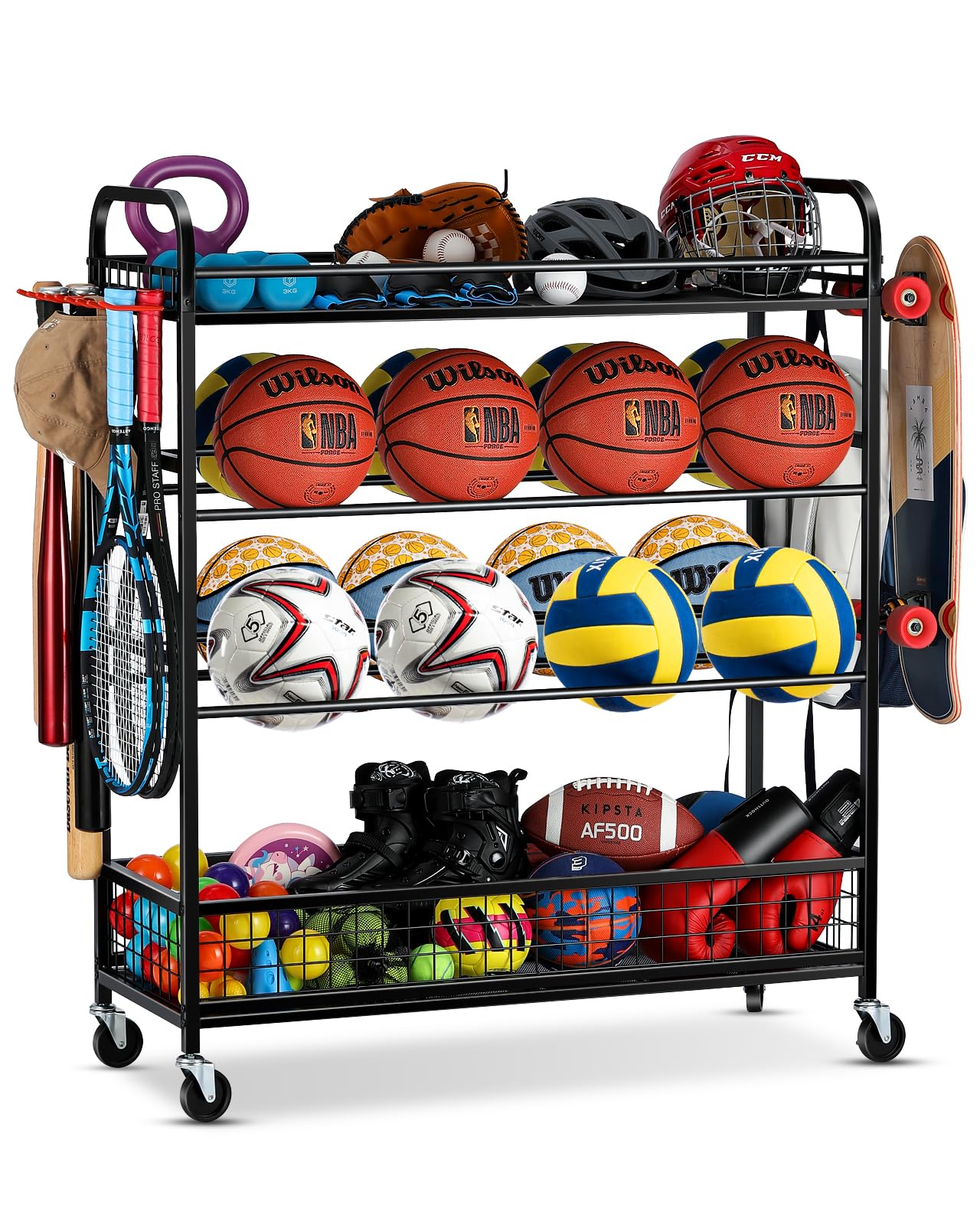 Garage Sports Equipment Organizer - Rolling Ball Storage Bin with Wheels, Garage Sports Gear Rack Outdoor Basketball Racks for Balls with Baseball Bat Holder and Hooks, Toy Organizer