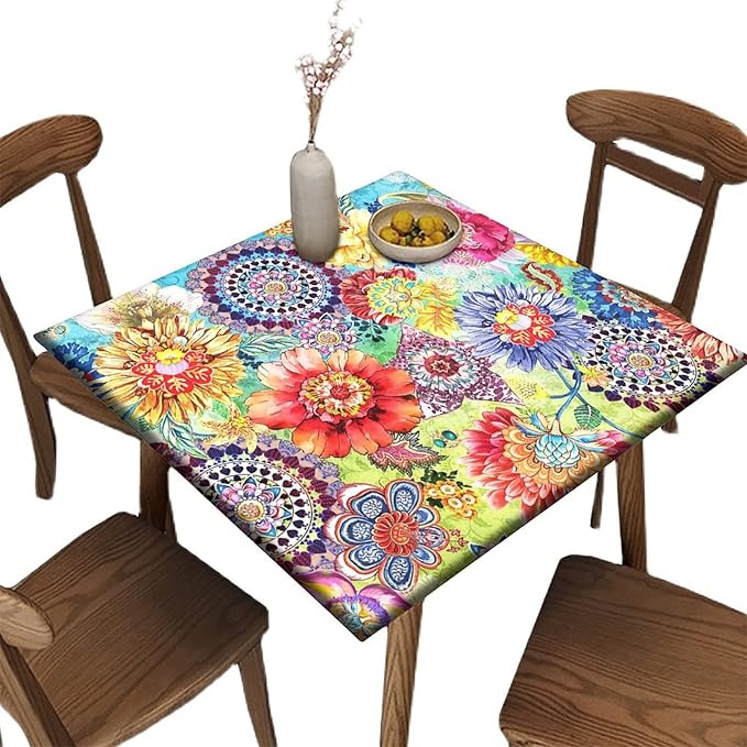 Amazon.com: Fitted Square Tablecloth, Floral Boho Colorful Bohemian ...