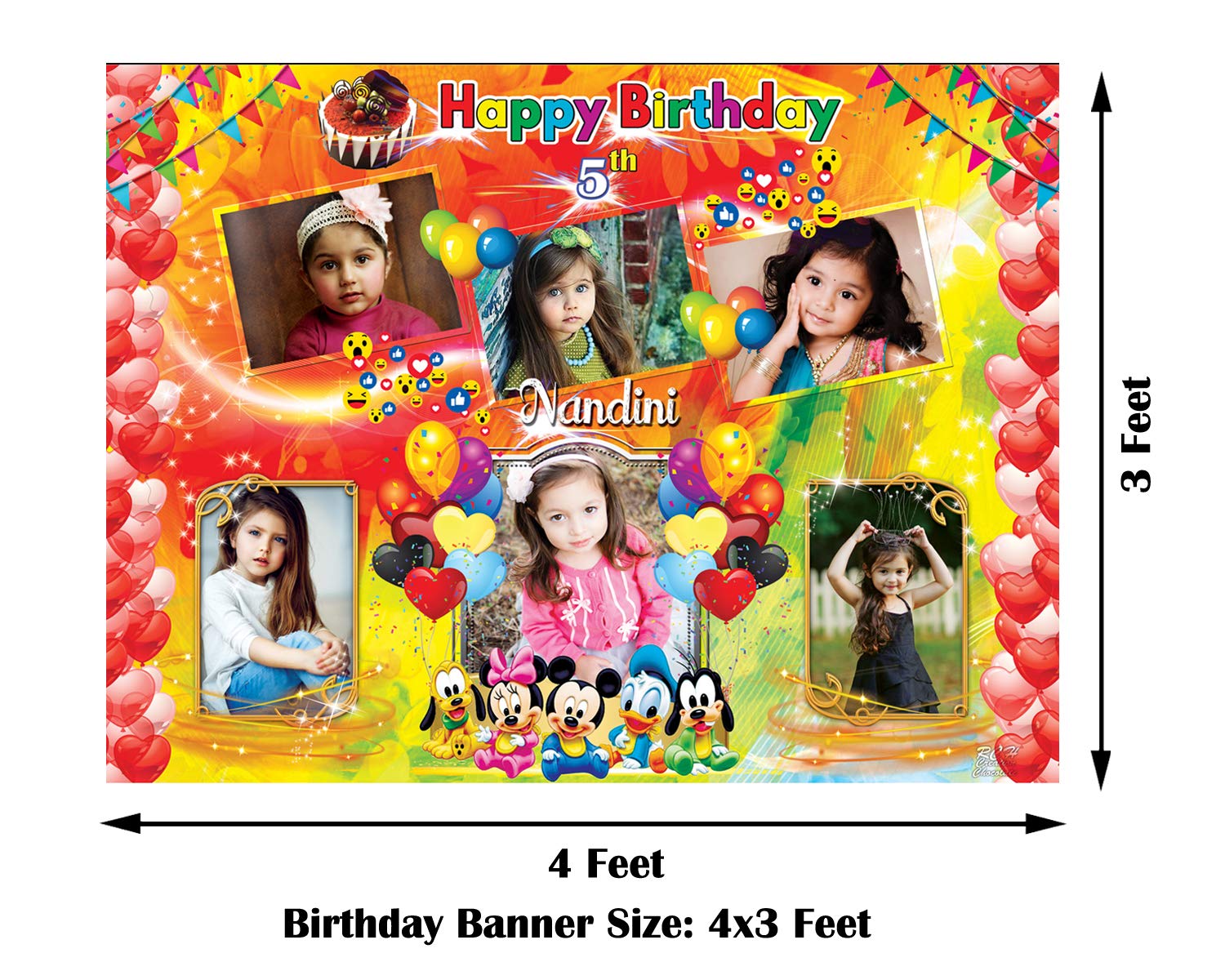 rch creation personalized party theme happy birthday background banner/poster  with boy/girl name, age and images (3 height x 4 ft width)- Multi color :  : Toys & Games