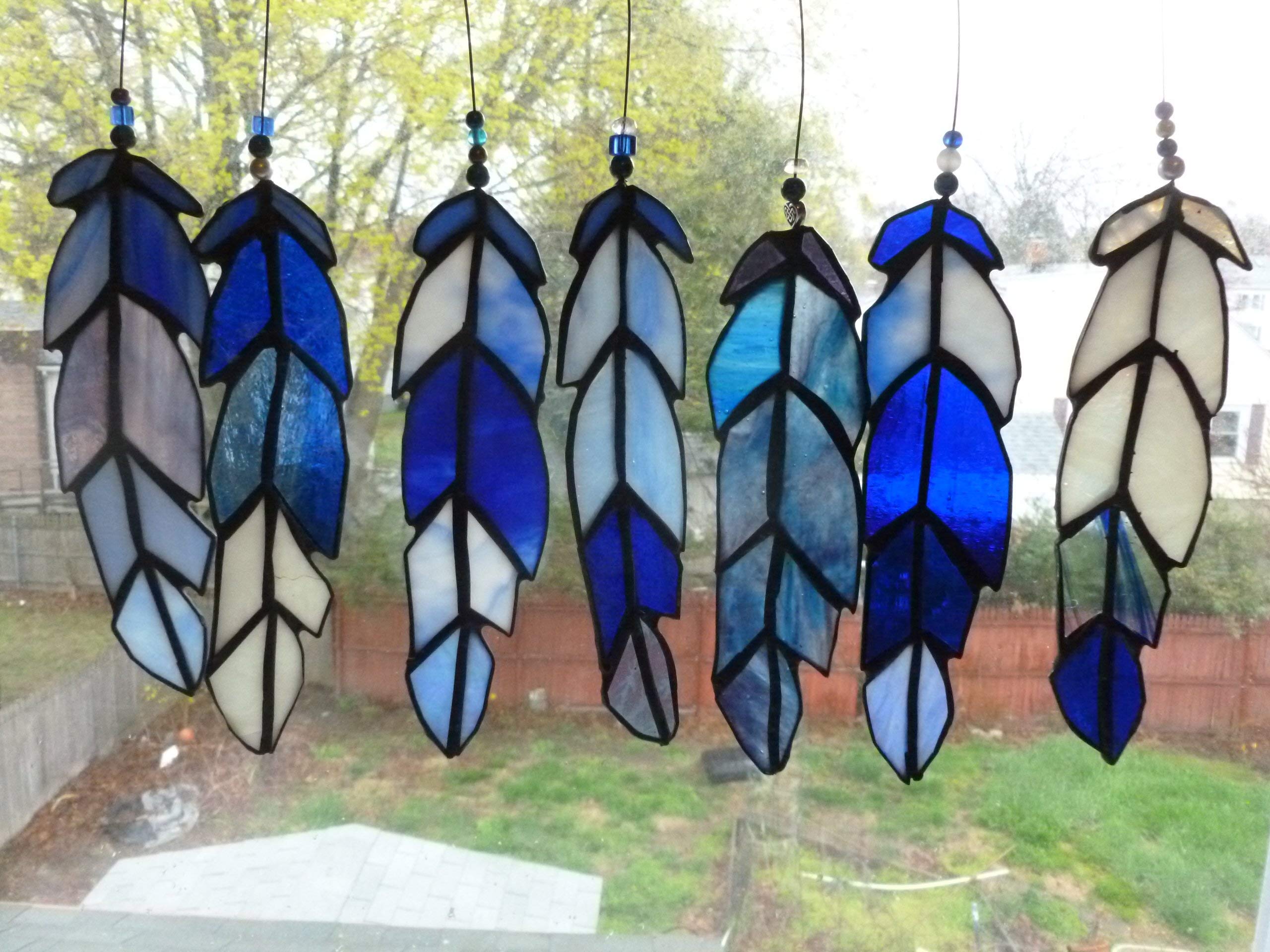 Three Stained Glass Indian Cheif, Eagle, Ospry or any bird Feathers in Shades of blues