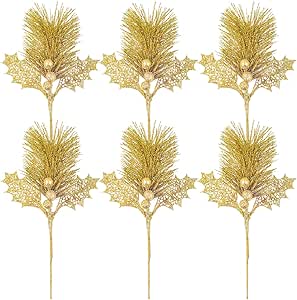 Atiflr 6 Pack Gold Christmas Picks,11.5 Inch Artificial Picks for Christmas Tree Ornaments, DIY Xmas Wreath, Crafts, Holiday and Home Decor