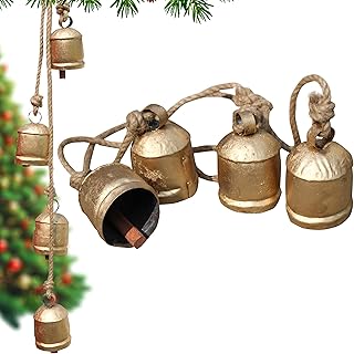 Decorative Christmas Bell, Set of 4 Rustic Hanging Bell, Shabby Chic Country Style Rustic Cow Bells with Jute Rope, Wall H...