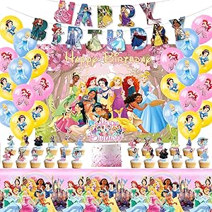 Princess Birthday Party Decorations,Include Banner,Backdrop, Latex Balloons, Cupcake, Cake Topper, Tablecloth for Princess Themed Birthday Party Supplies.