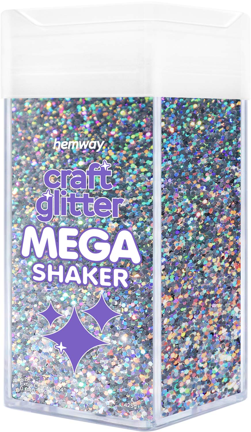 Hemway Bulk Glitter 425g / 15oz MEGA Craft Shaker Glitter for Nails, Resin, Tumblers, Arts, Crafts, Painting, Festival, Cosmetic, Body - Extra Chunky (1/24" 0.040" 1mm) - Silver Holographic