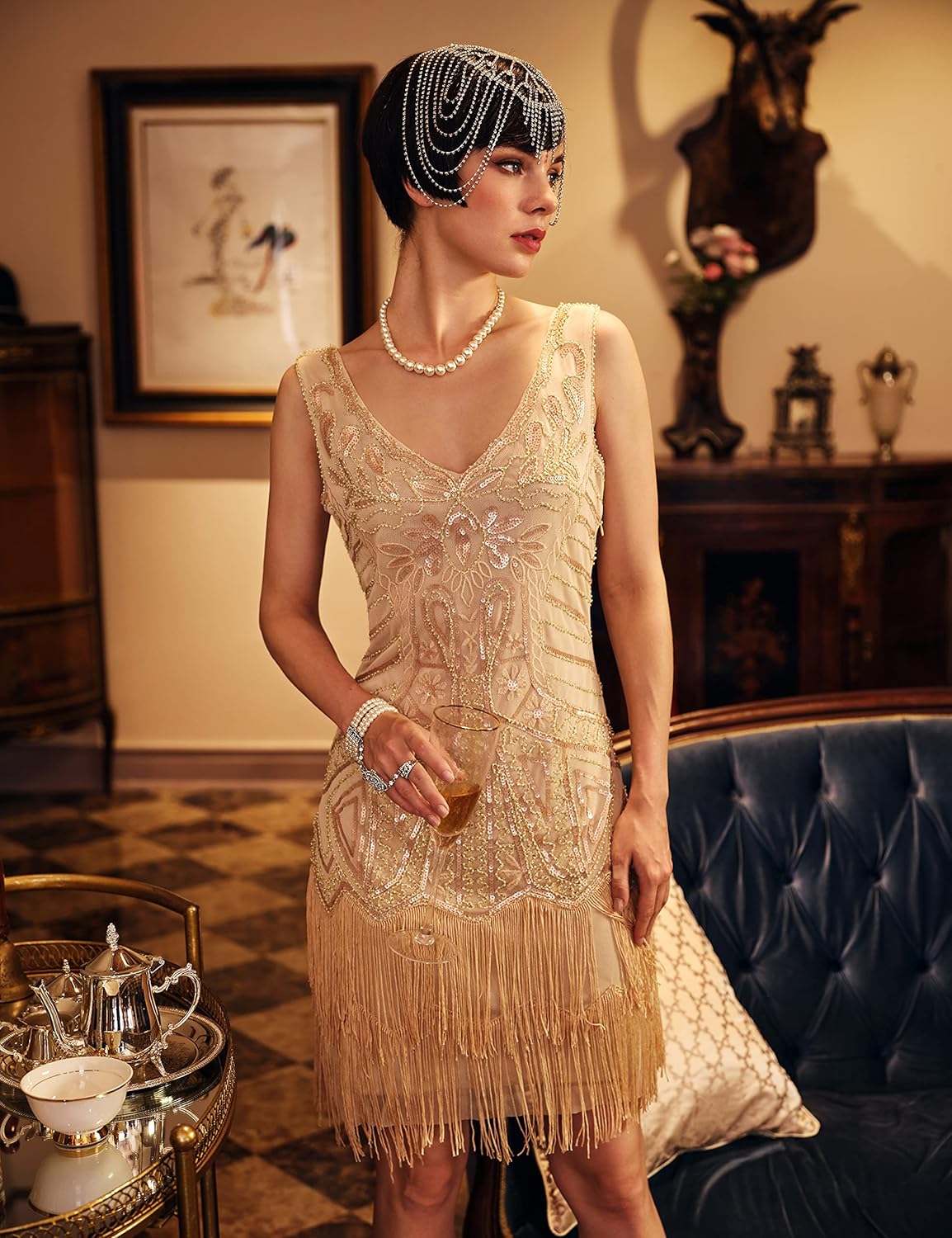 Great Gatsby Dress – Great Gatsby Dresses for Sale BABEYOND Womens Flapper Dresses 1920s V Neck Beaded Fringed Great Gatsby Dress Beige  AT vintagedancer.com