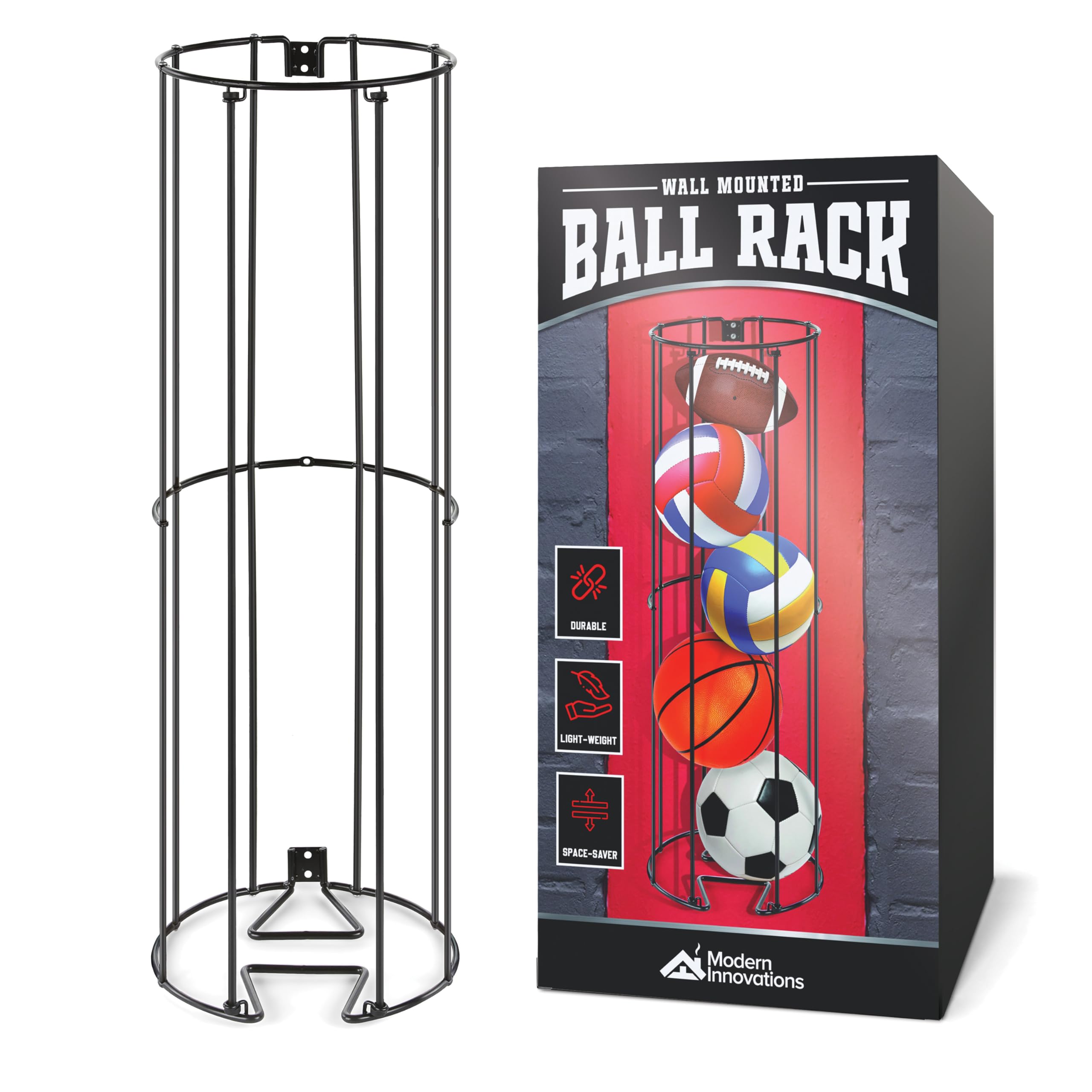 Vertical Ball Storage Rack, Wall-Mounted Garage Sports Equipment Organizer, Soccer Ball, Volley Ball, Football, and Basketball Holder, Space-Saving Vertical Ball Rack for Garage, Gym, or Playroom