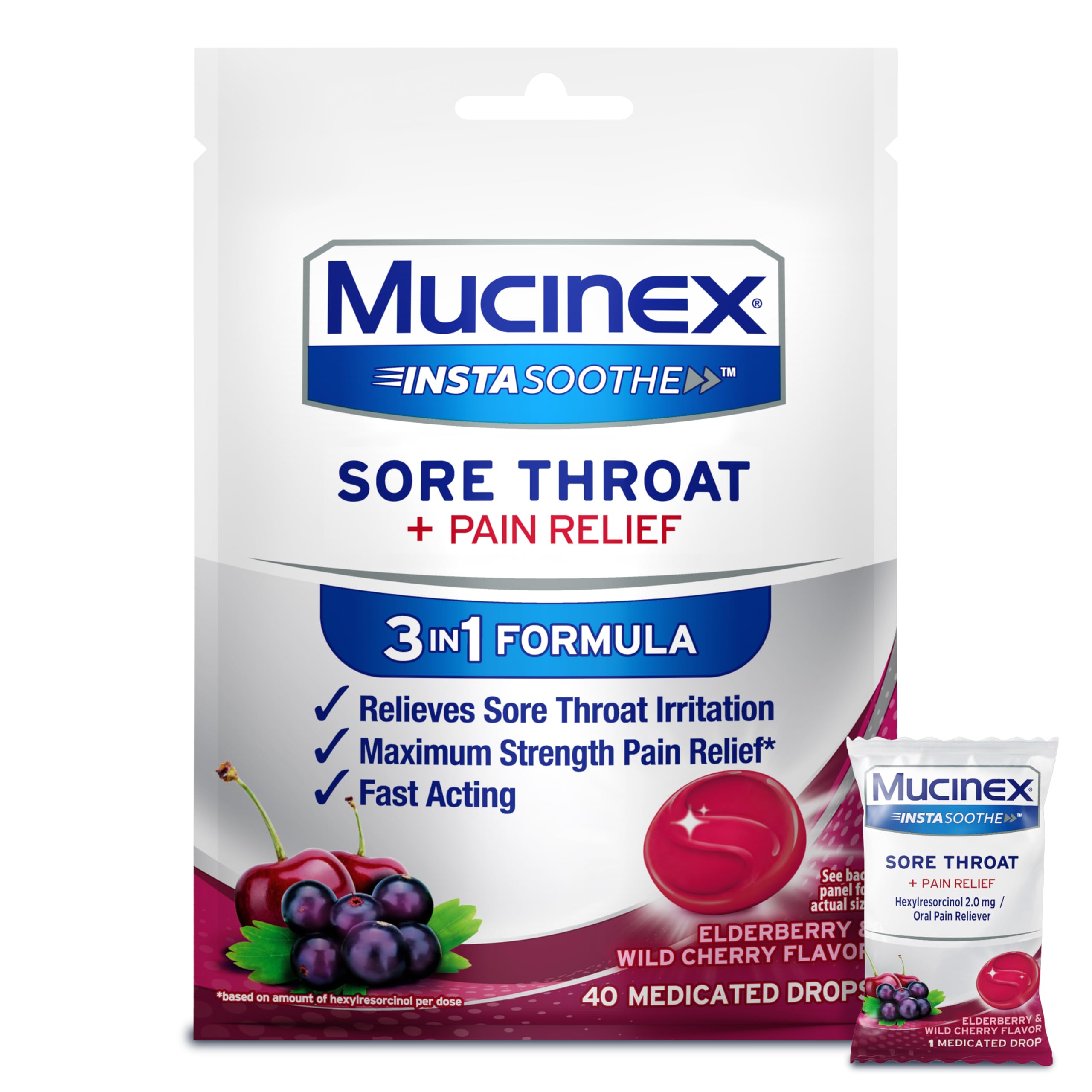 Mucinex Instasoothe Sore Throat Relief, Sore Throat Lozenges, Sore Throat Medicine with Hexylresorcinol, Cough Drops Alternative, 40 Elderberry & Wild Cherry Medicated Numbing Throat Drops