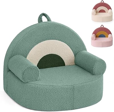 Blissful Diary Toddler Chair Comfy, Foam Kids Chair with Soft Teddy Plush, Toddler Reading Chair with Cute Rainbow Designs- Sage Green