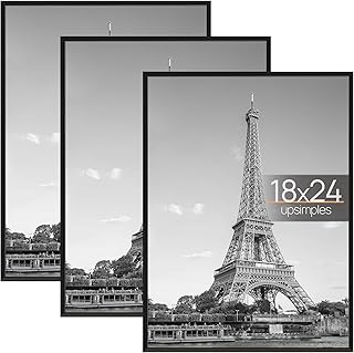 upsimples 18x24 Picture Frame Black 3 Pack, Scratch-Proof Poster Frames 18 x 24 for Photo Gallery - Slide-In Strips, Horiz...