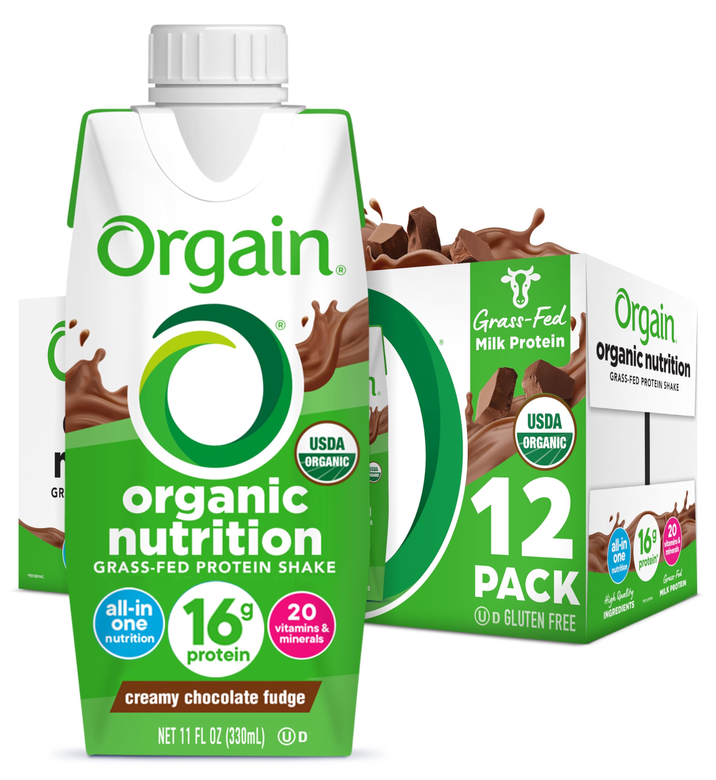 Orgain Organic Nutritional Protein Shake, Creamy Chocolate Fudge - 16g Grass Fed Whey Protein, Meal Replacement, 20 Vitamins & Minerals, Fruits & Vegetables, Gluten Free, Non-GMO, 11 Fl Oz (12 Pack)