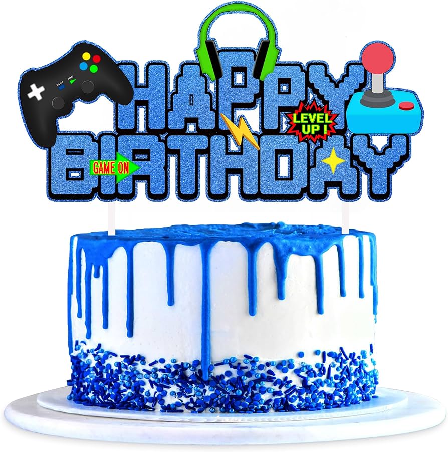 Amazon.com: Video Game Birthday Cake Topper Glitter Blue Game ...