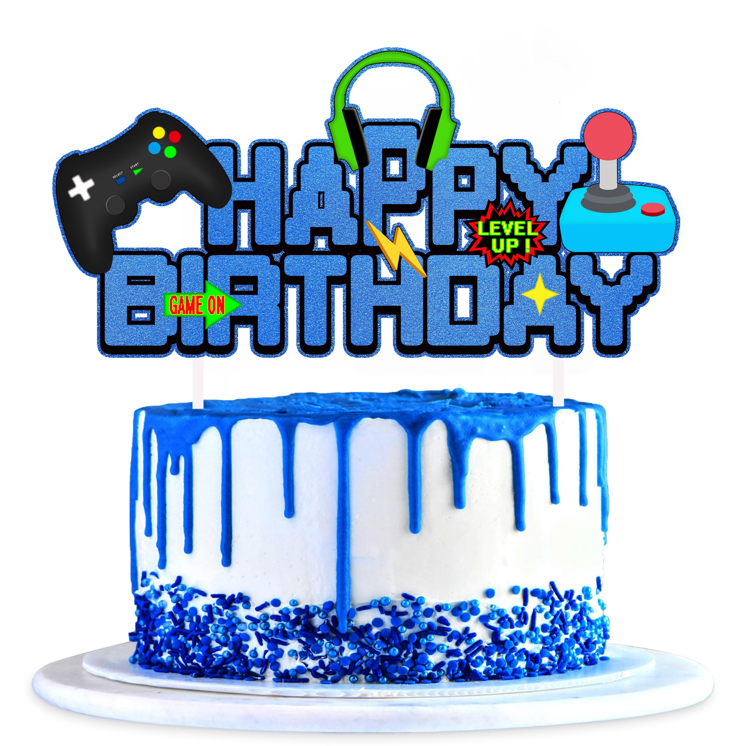 Amazon.com: Video Game Birthday Cake Topper Glitter Blue Game ...