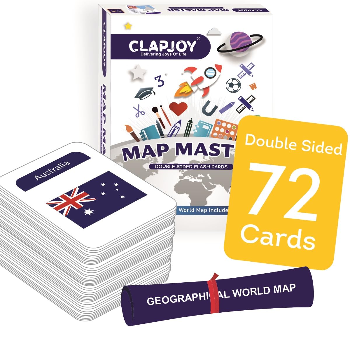 Clapjoy Map Master Educational Flash Cards |Country and Flag Flashcards, GK Return Gift for Kids Ages 5+ Years Old Boys and Girls 72 Double-Sided FlashCards Free World Map Geography Educational Toy