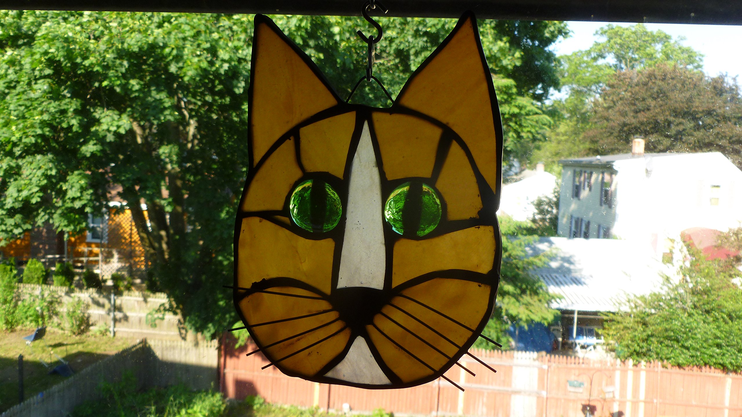 Cat Face Stained Glass in Beautiful Brown with white blaze kitty with gorgeous green eyes