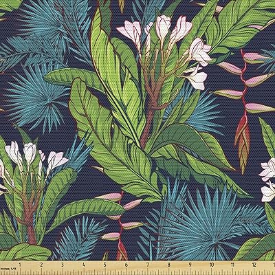 Ambesonne Leaf Fabric by The Yard, Tropical Jungle Palm Tree Banana Leaves Frangipani Heliconia on a Dark Blue Background, Decorative Fabric for Upholstery and Home Accents, 2 Yards, Forest Green