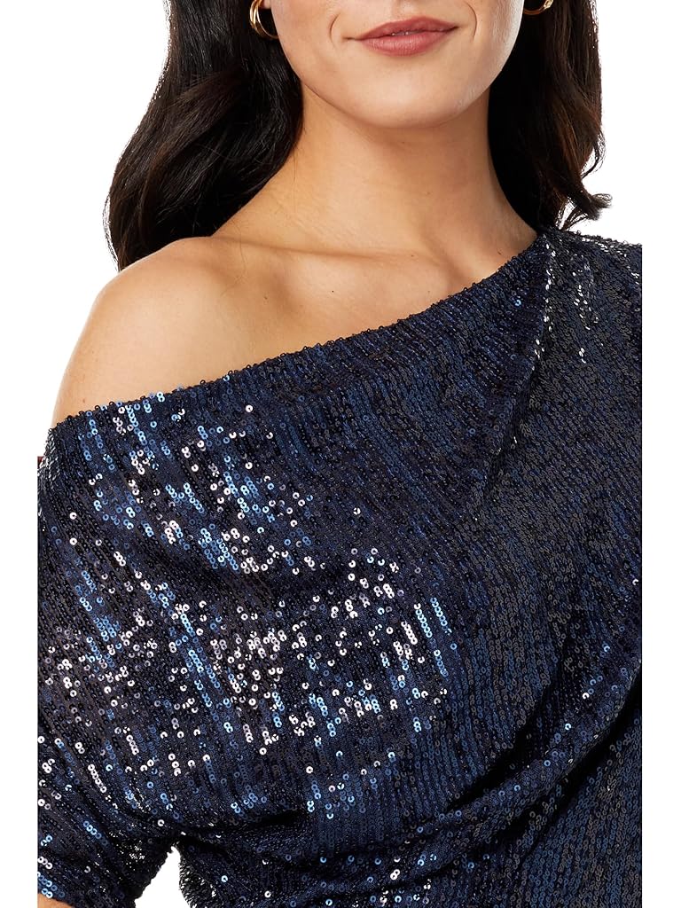 Betsy & Adam Long 3/4 Sleeve Off-the-Shoulder Sequin Dress