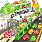 Dinosaur Truck Toys for 2 3 4 5 6 7 Year Boy Toddler&comma; Foldable Track & 2 Player Race Mode&comma; Light & Sound Transport Carrier W&sol; 6 Dino Car & 12 Accessories&comma; Birthday Gift Idea for Kids Girls