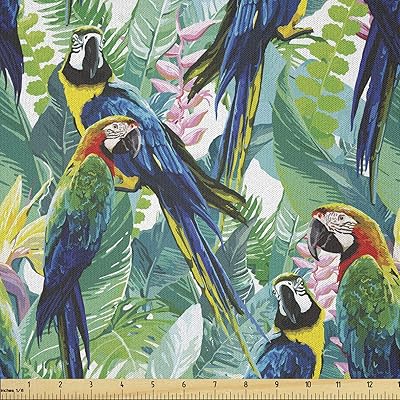 Ambesonne Birds Fabric by The Yard, Portrayal Illustration of Scarlet Macaw Parrots Among Exotic Plants in The Jungle, Microfiber Fabric for Arts and Crafts Textiles & Decor, 3 Yards, Blue Green