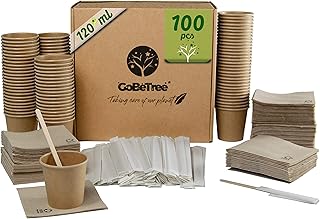 GoBeTree 100 Vasos de café Desechables Kraft para café expreso de 120 ml con agitadores de Madera en Funda de Papel para c...