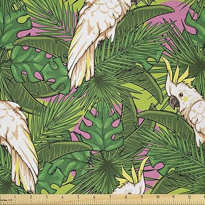 Lunarable Parrots Fabric by The Yard, Yellow Crested Cockatoo Bird with Tropical Foliage Exotic Caribbean Design, Microfiber Fabric for Arts and Crafts Textiles & Decor, 2 Yards, Cream Green