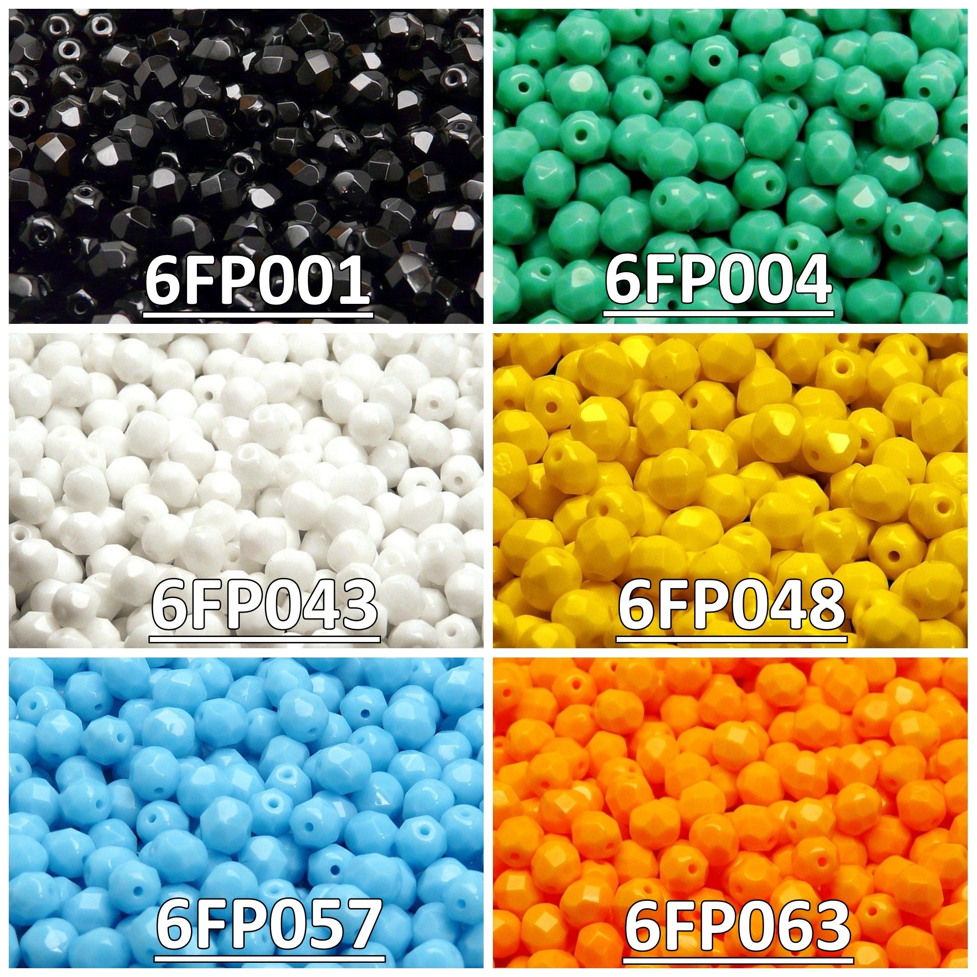 300 beads 6 colors Czech Fire-Polished Glass Beads Round 6mm, Set 607 (6FP001 6FP004 6FP043 6FP048 6FP057 6FP063)