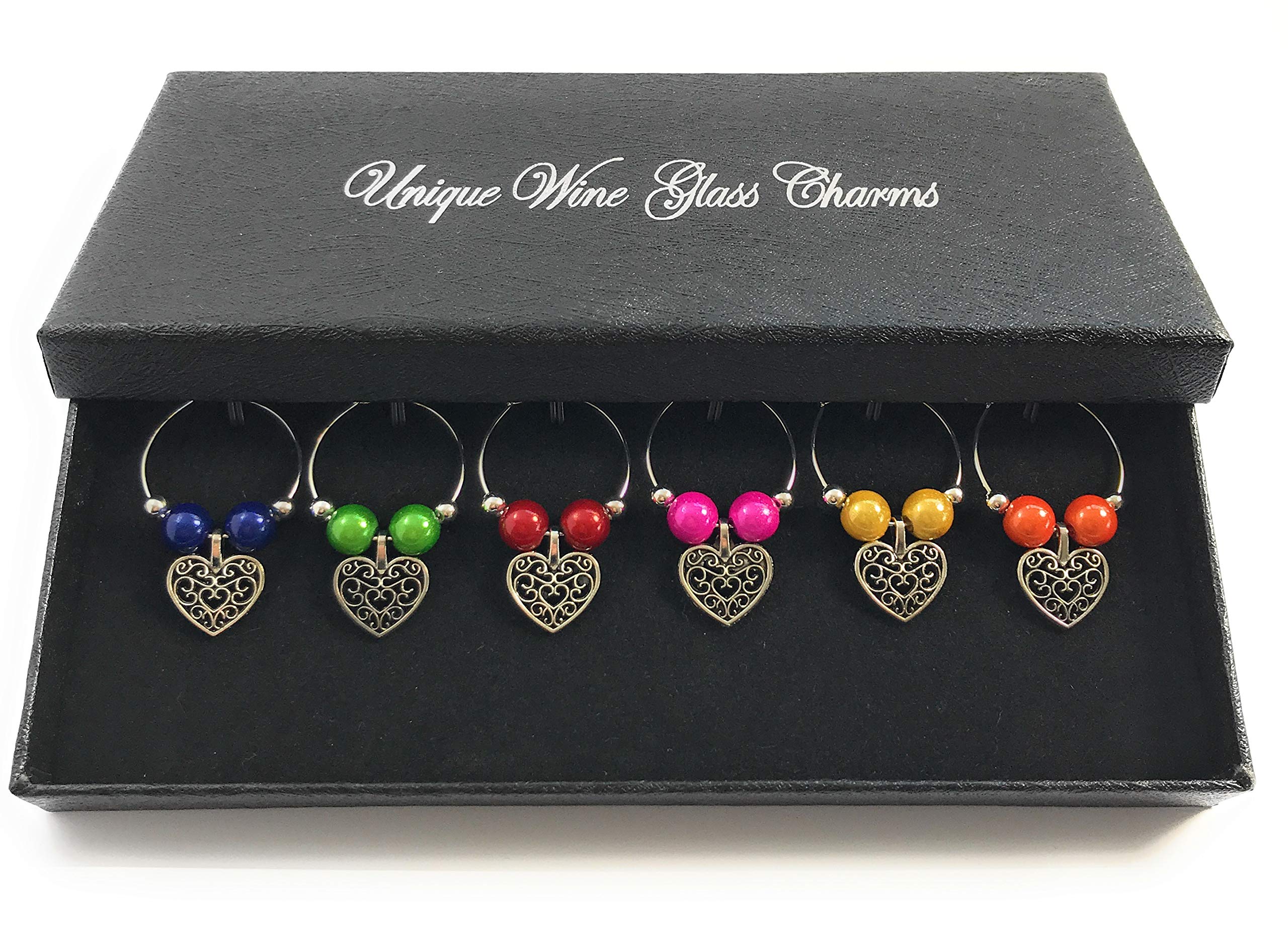 Bright Colour Antique Hearts Wine Glass Charms with Gift Box