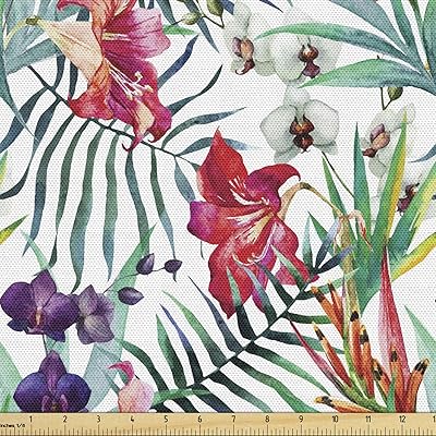 Ambesonne Watercolor Flower Fabric by The Yard, Tropical Wild Orchid Flowers with Palm Leaves Print Exotic Style Nature, Decorative Fabric for Upholstery and Home Accents, 3 Yards, Green Red